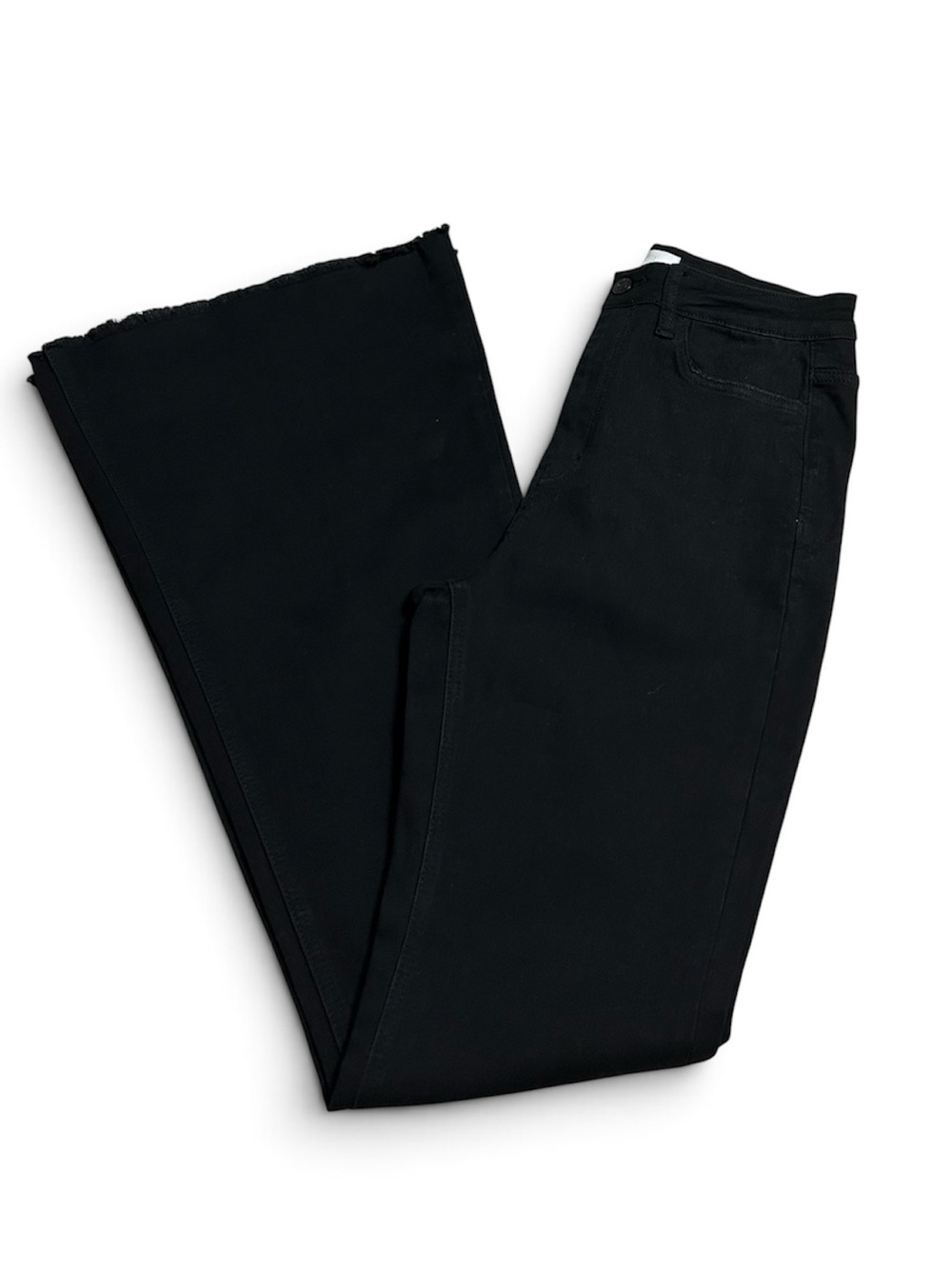 Vervet high rise super flare black denim jeans raw hem stretch 29 long length
